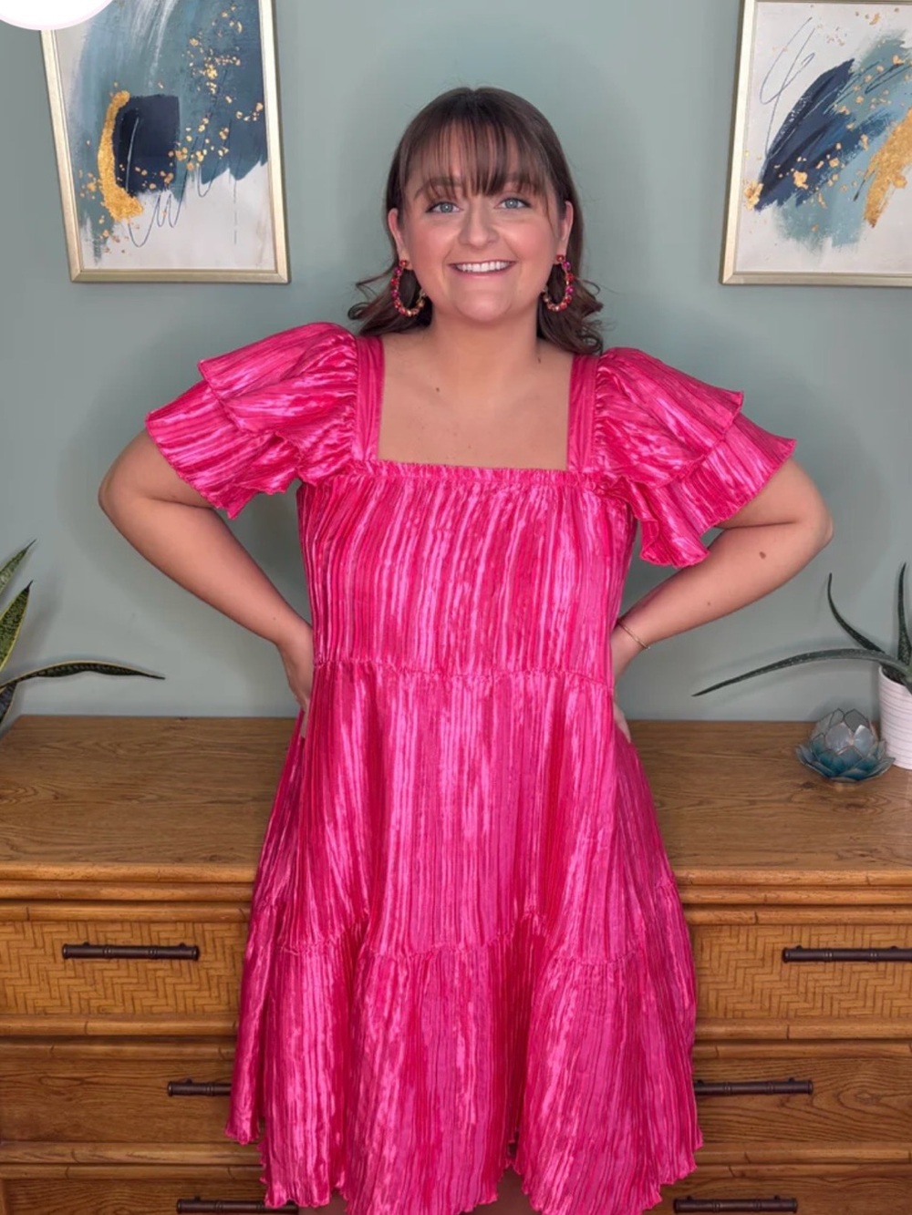 Square-Neck Tiered Mini Dress in Bright Pink